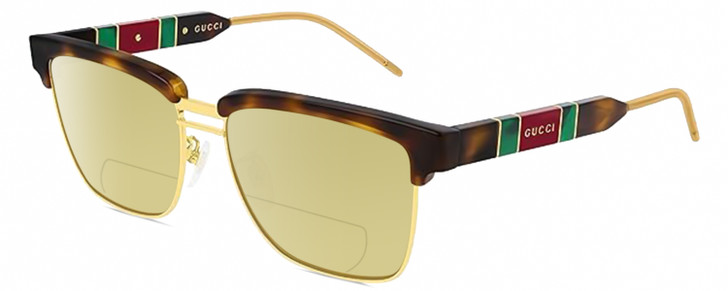 Profile View of Gucci GG0603S Designer Polarized Reading Sunglasses with Custom Cut Powered Sun Flower Yellow Lenses in Tortoise Havana Gold Red Green Unisex Square Full Rim Metal 56 mm