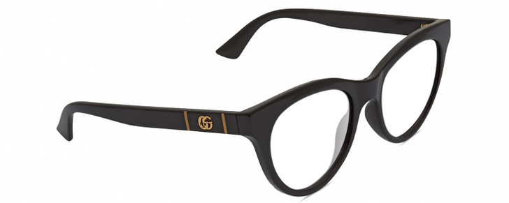 Profile View of Gucci GG0763S Designer Reading Eye Glasses in Gloss Black Gold Ladies Cat Eye Full Rim Acetate 53 mm