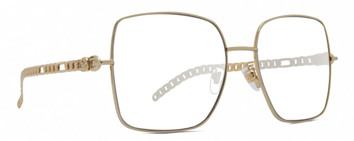 Profile View of Gucci GG0724S Designer Progressive Lens Prescription Rx Eyeglasses in Shiny Gold Black Ladies Square Full Rim Metal 61 mm