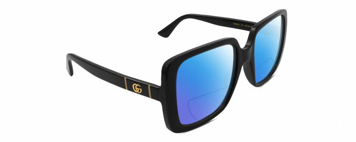 Profile View of Gucci GG0632S Designer Polarized Reading Sunglasses with Custom Cut Powered Blue Mirror Lenses in Gloss Black Gold Ladies Square Full Rim Acetate 56 mm