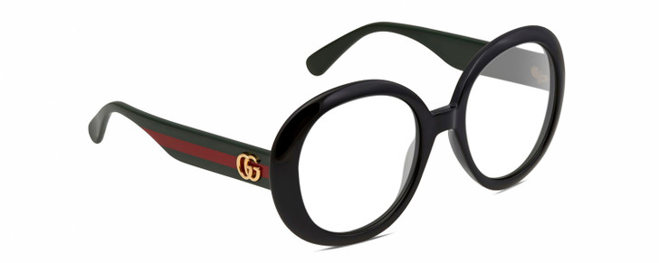 Profile View of Gucci GG0712S Designer Reading Eye Glasses in Gloss Black Red Gold Ladies Round Full Rim Acetate 55 mm