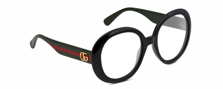 Profile View of Gucci GG0712S Designer Progressive Lens Prescription Rx Eyeglasses in Gloss Black Red Gold Ladies Round Full Rim Acetate 55 mm
