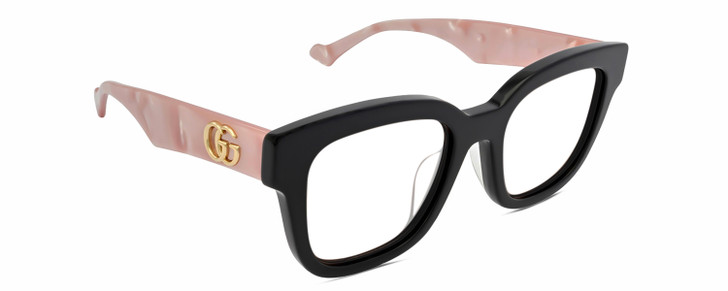 Profile View of Gucci GG0998S Designer Reading Eye Glasses in Gloss Black Pink Opal Gold Ladies Cat Eye Full Rim Acetate 52 mm