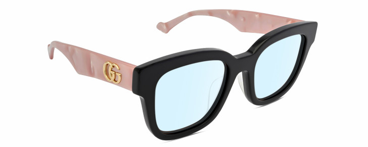 Profile View of Gucci GG0998S Designer Blue Light Blocking Eyeglasses in Gloss Black Pink Opal Gold Ladies Cat Eye Full Rim Acetate 52 mm