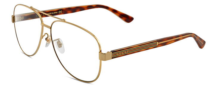 Profile View of Gucci GG0528S Designer Reading Eye Glasses with Custom Cut Powered Lenses in Gold Tortoise Havana Unisex Pilot Full Rim Metal 63 mm