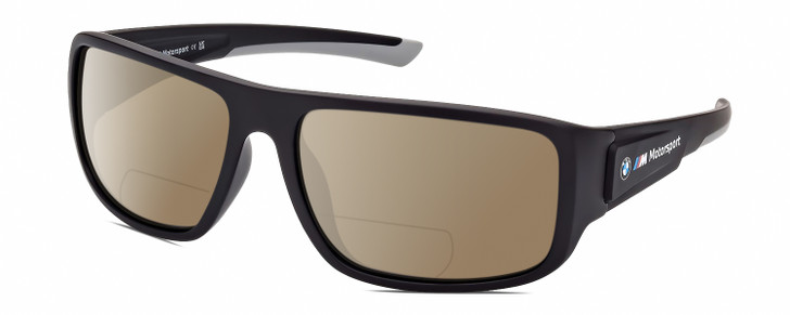 Profile View of BMW BS0023 Designer Polarized Reading Sunglasses with Custom Cut Powered Amber Brown Lenses in Matte Black Grey Mens Rectangular Full Rim Acetate 63 mm