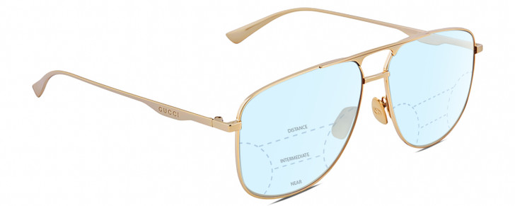 Profile View of Gucci GG0336S Designer Progressive Lens Blue Light Blocking Eyeglasses in Gold Unisex Square Full Rim Metal 60 mm