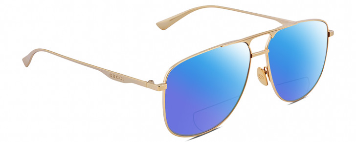 Profile View of Gucci GG0336S Designer Polarized Reading Sunglasses with Custom Cut Powered Blue Mirror Lenses in Gold Unisex Square Full Rim Metal 60 mm