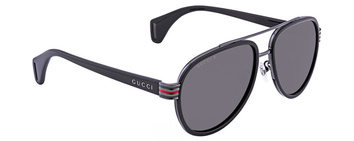 Profile View of Gucci GG0447S Unisex Aviator Sunglasses Black Gunmetal Green/Polarized Grey 58mm