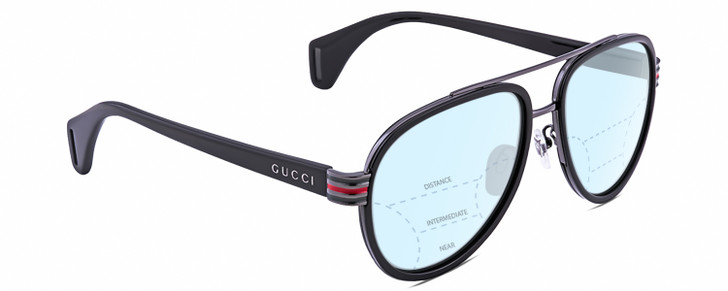 Profile View of Gucci GG0447S Designer Progressive Lens Blue Light Blocking Eyeglasses in Black Silver Red Green Unisex Pilot Full Rim Acetate 58 mm