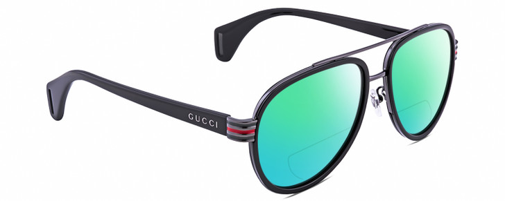 Profile View of Gucci GG0447S Designer Polarized Reading Sunglasses with Custom Cut Powered Green Mirror Lenses in Black Silver Red Green Unisex Pilot Full Rim Acetate 58 mm