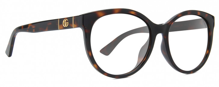 Profile View of Gucci GG0636SK Designer Reading Eye Glasses with Custom Cut Powered Lenses in Tortoise Havana Gold Ladies Round Full Rim Acetate 56 mm