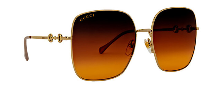 Profile View of Gucci GG0879S Women Square Designer Sunglasses in Gold Pearl/Brown Gradient 61mm