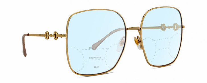 Profile View of Gucci GG0879S Designer Progressive Lens Blue Light Blocking Eyeglasses in Gold Ladies Square Full Rim Metal 61 mm