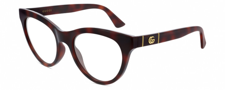 Profile View of Gucci GG0763S Designer Single Vision Prescription Rx Eyeglasses in Dark Tortoise Havana Gold Ladies Cat Eye Full Rim Acetate 53 mm