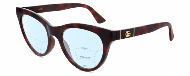 Profile View of Gucci GG0763S Designer Progressive Lens Blue Light Blocking Eyeglasses in Dark Tortoise Havana Gold Ladies Cat Eye Full Rim Acetate 53 mm