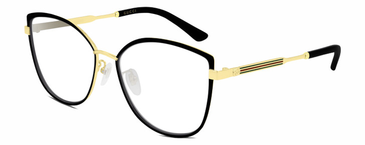 Profile View of Gucci GG0589SK Designer Single Vision Prescription Rx Eyeglasses in Black Gold Ladies Cat Eye Full Rim Metal 57 mm