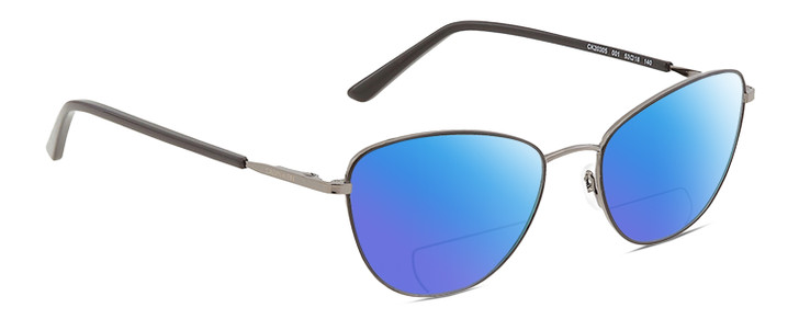 Profile View of Calvin Klein CK20305 Designer Polarized Reading Sunglasses with Custom Cut Powered Blue Mirror Lenses in Satin Black Gunmetal Ladies Cat Eye Full Rim Metal 53 mm