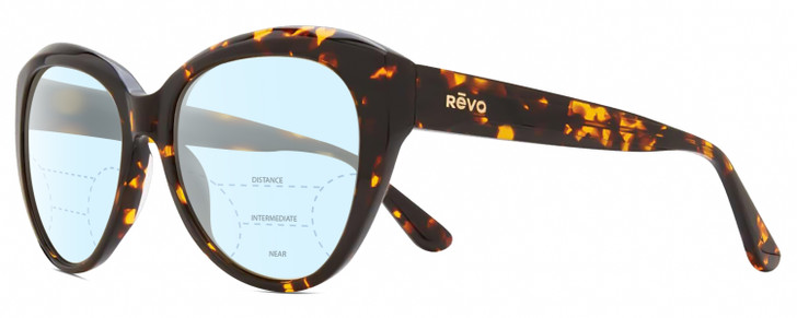 Profile View of REVO ROSE Designer Progressive Lens Blue Light Blocking Eyeglasses in Tortoise Havana Brown Ladies Cat Eye Full Rim Acetate 55 mm