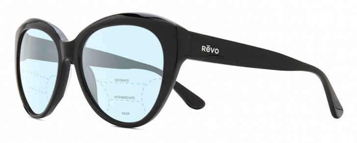 Profile View of REVO ROSE Designer Progressive Lens Blue Light Blocking Eyeglasses in Gloss Black Ladies Cat Eye Full Rim Acetate 55 mm