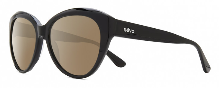 Profile View of REVO ROSE Designer Polarized Sunglasses with Custom Cut Amber Brown Lenses in Gloss Black Ladies Cat Eye Full Rim Acetate 55 mm