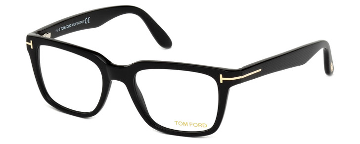 Profile View of Tom Ford CALIBER FT5304-001 Designer Single Vision Prescription Rx Eyeglasses in Gloss Black Gold Unisex Square Full Rim Acetate 54 mm