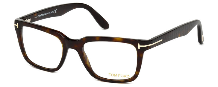 Profile View of Tom Ford CALIBER FT5304-052 Designer Single Vision Prescription Rx Eyeglasses in Brown Tortoise Havana Gold Unisex Square Full Rim Acetate 54 mm