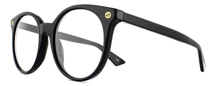 Profile View of Gucci GG0091S Designer Bi-Focal Prescription Rx Eyeglasses in Gloss Black Gold Ladies Round Full Rim Acetate 52 mm