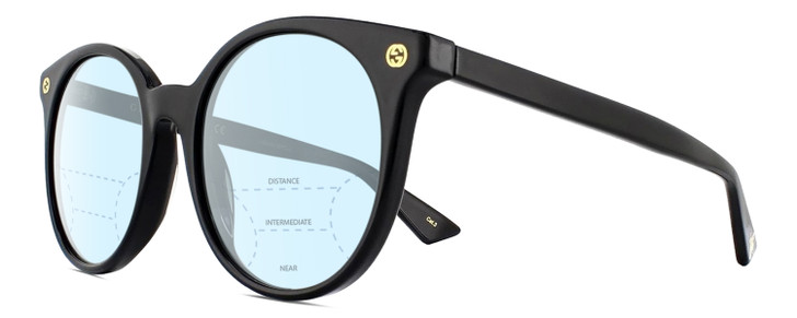 Profile View of Gucci GG0091S Designer Progressive Lens Blue Light Blocking Eyeglasses in Gloss Black Gold Ladies Round Full Rim Acetate 52 mm