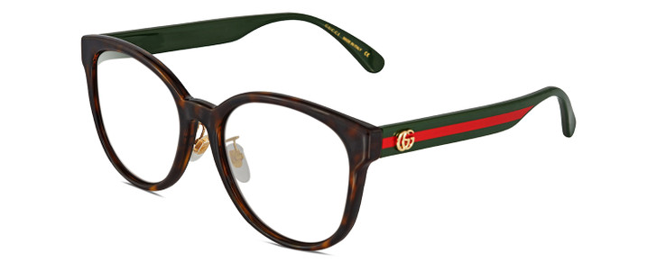 Profile View of Gucci GG0854SK Designer Bi-Focal Prescription Rx Eyeglasses in Shiny Dark Havana Tortoise Green Red Gold Ladies Panthos Full Rim Acetate 56 mm