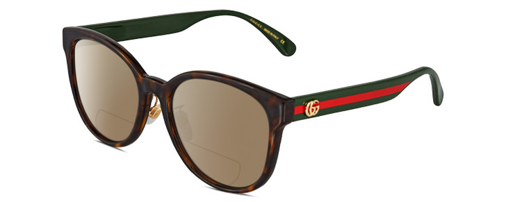 Profile View of Gucci GG0854SK Designer Polarized Reading Sunglasses with Custom Cut Powered Amber Brown Lenses in Shiny Dark Havana Tortoise Green Red Gold Ladies Panthos Full Rim Acetate 56 mm