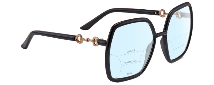 Profile View of Gucci GG0890S Designer Progressive Lens Blue Light Blocking Eyeglasses in Shiny Black Gold Ladies Hexagonal Full Rim Acetate 55 mm