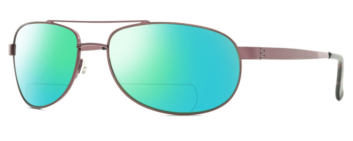 Profile View of Reptile Highlands Designer Polarized Reading Sunglasses with Custom Cut Powered Green Mirror Lenses in Espresso Dark Brown Unisex Pilot Full Rim Metal 61 mm