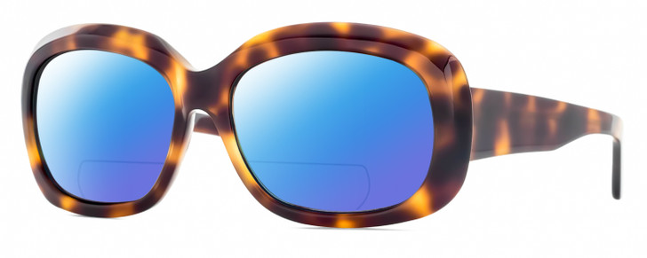 Profile View of Reptile Woma Designer Polarized Reading Sunglasses with Custom Cut Powered Blue Mirror Lenses in Burl Wood Tortoise Havana Ladies Oval Full Rim Acetate 55 mm