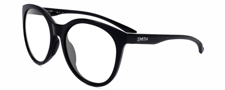 Profile View of Smith Optics Bayside-807 Designer Single Vision Prescription Rx Eyeglasses in Gloss Black Ladies Round Full Rim Acetate 54 mm
