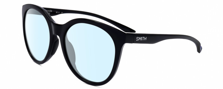 Profile View of Smith Optics Bayside-807 Designer Blue Light Blocking Eyeglasses in Gloss Black Ladies Round Full Rim Acetate 54 mm