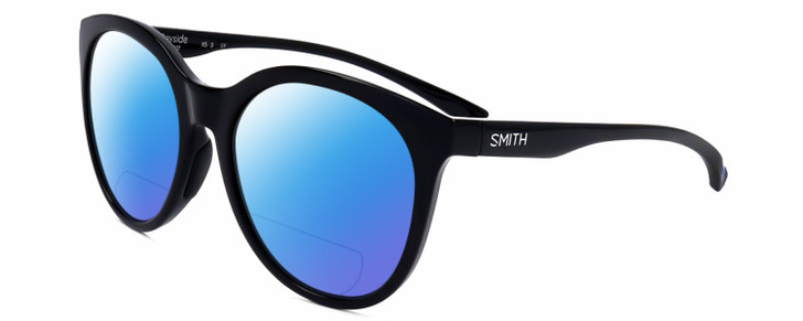 Profile View of Smith Optics Bayside-807 Designer Polarized Reading Sunglasses with Custom Cut Powered Blue Mirror Lenses in Gloss Black Ladies Round Full Rim Acetate 54 mm