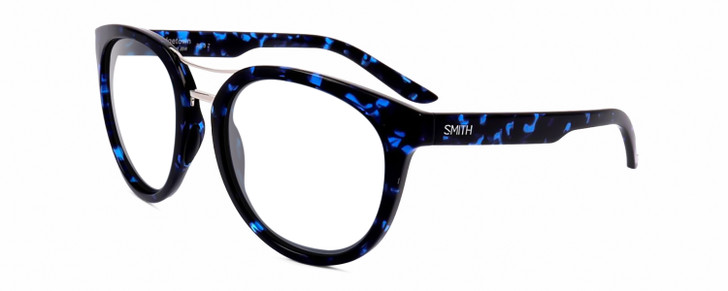 Profile View of Smith Optics Bridgetown-JBW Designer Bi-Focal Prescription Rx Eyeglasses in Crystal Navy Blue Tortoise Havana Silver Ladies Round Full Rim Acetate 54 mm