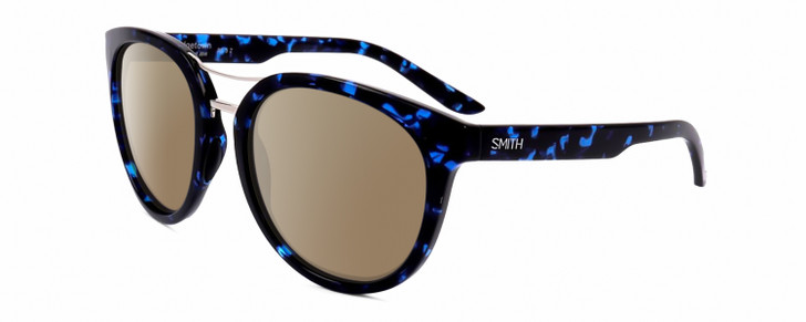 Profile View of Smith Optics Bridgetown-JBW Designer Polarized Sunglasses with Custom Cut Amber Brown Lenses in Crystal Navy Blue Tortoise Havana Silver Ladies Round Full Rim Acetate 54 mm