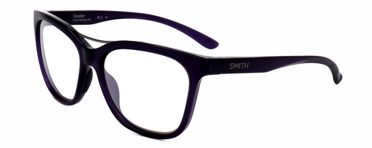 Profile View of Smith Optics Cavalier-141 Designer Reading Eye Glasses with Custom Cut Powered Lenses in Indigo Purple Crystal Silver Ladies Cat Eye Full Rim Acetate 55 mm