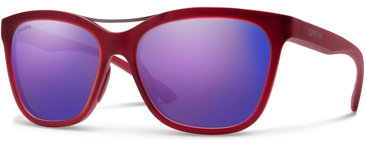 Profile View of Smith Optics Cavalier Cat Eye Sunglass Red Gunmetal/Chromapop Purple Mirror 55mm