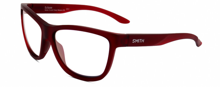 Profile View of Smith Optics Eclipse-LPA Designer Single Vision Prescription Rx Eyeglasses in Matte Crystal Maroon Red Unisex Cat Eye Full Rim Acetate 58 mm