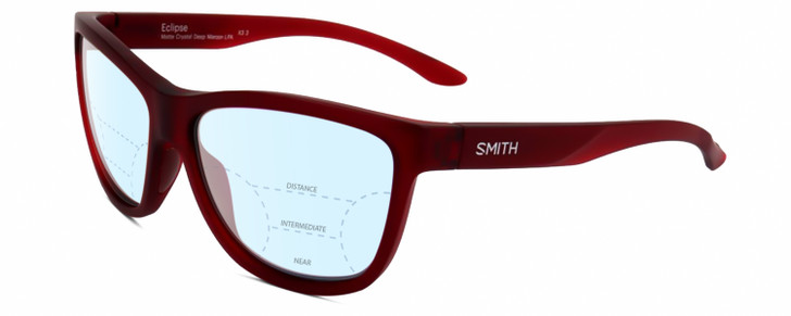 Profile View of Smith Optics Eclipse-LPA Designer Progressive Lens Blue Light Blocking Eyeglasses in Matte Crystal Maroon Red Unisex Cat Eye Full Rim Acetate 58 mm