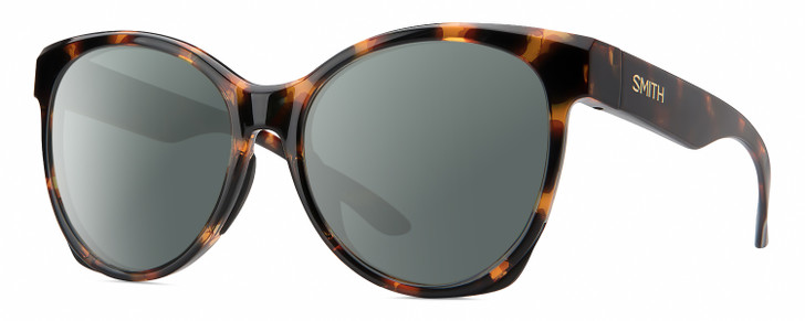 Profile View of Smith Optics Fairground-086 Designer Polarized Sunglasses with Custom Cut Smoke Grey Lenses in Dark Tortoise Havana Brown Amber Ladies Round Full Rim Acetate 55 mm