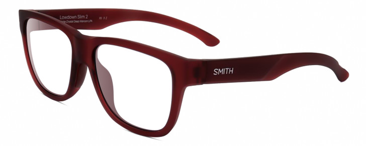 Profile View of Smith Optics Lowdown Slim 2-LPA Designer Bi-Focal Prescription Rx Eyeglasses in Matte Crystal Maroon Red Unisex Panthos Full Rim Acetate 51 mm