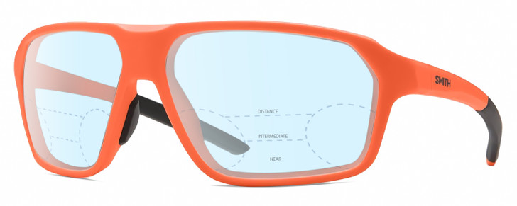 Profile View of Smith Optics Pathway-69I Designer Progressive Lens Blue Light Blocking Eyeglasses in Matte Neon Cinder Orange Mens Rectangular Full Rim Acetate 62 mm