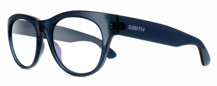 Profile View of Smith Optics Sophisticate-OXZ/TE Designer Reading Eye Glasses with Custom Cut Powered Lenses in Crystal Denim Blue Ladies Round Full Rim Acetate 54 mm