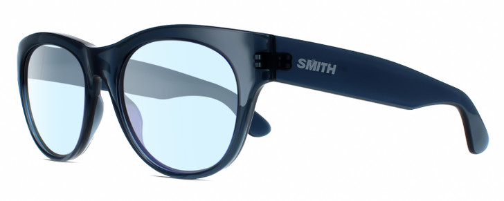 Profile View of Smith Optics Sophisticate-OXZ/TE Designer Blue Light Blocking Eyeglasses in Crystal Denim Blue Ladies Round Full Rim Acetate 54 mm