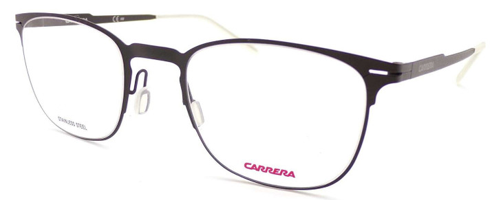 Profile View of Carrera CA6660 Designer Single Vision Prescription Rx Eyeglasses in Matte Black Frosted Crystal Unisex Panthos Full Rim Stainless Steel 50 mm