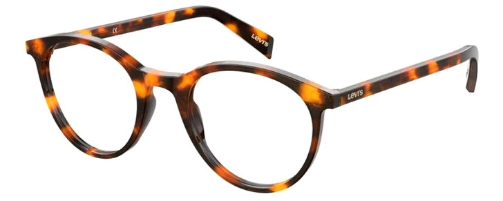 Profile View of Levi's Seasonal LV1005 Designer Reading Eye Glasses with Custom Cut Powered Lenses in Havana Tortoise Brown Gold Ladies Round Full Rim Acetate 50 mm